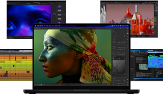 A variety of colourful screen content from music production, video editing, 3D animation and photo editing apps on Mac, demonstrating powerful graphics performance