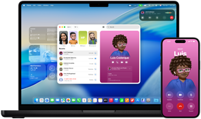14-inch MacBook Pro and iPhone 16 — the iPhone is calling a contact named Luis while the MacBook Pro shows the same call in the Phone app