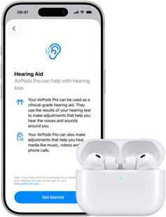 AirPods Pro 3 in MagSafe Charging Case, iPhone 17 Pro, text on screen: Hearing Aid