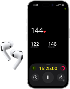 AirPods Pro 3, lower half of iPhone 17 Pro screen, Fitness app displaying heart rate