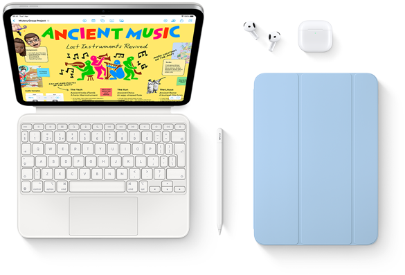 iPad, Magic Keyboard Folio, Apple Pencil, AirPods and Smart Folio are shown.