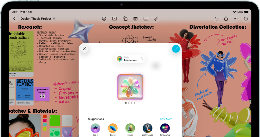 iPad Air, front exterior, landscape orientation, volume-up button, volume-down button, power button, screen displays a colourful app interface with various icons