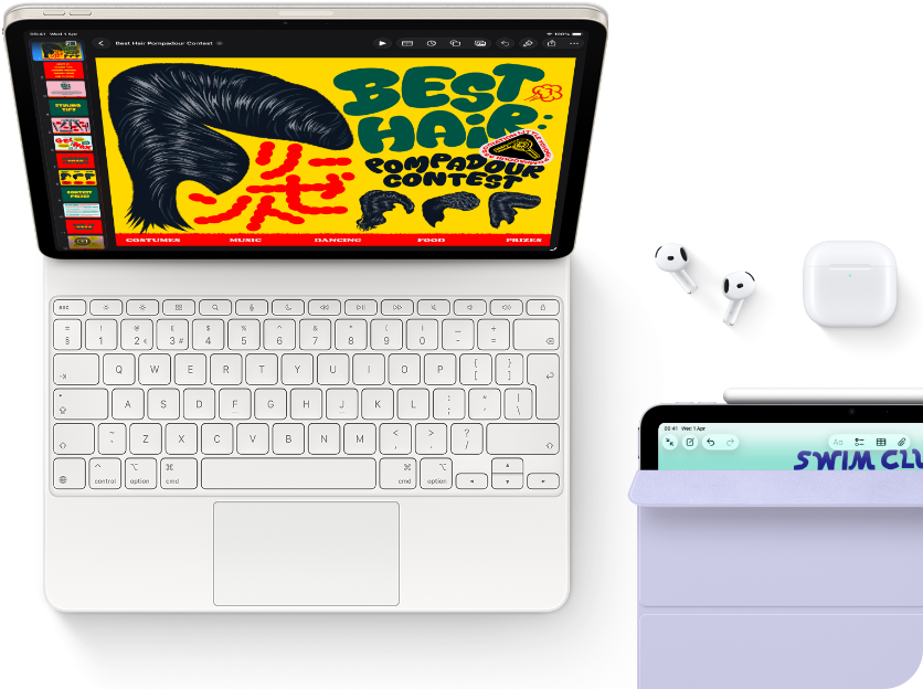 iPad Air, Starlight colour, colourful graphics on screen, attached to Magic Keyboard, Airpods Pro and Apple Pencil Pro accessories