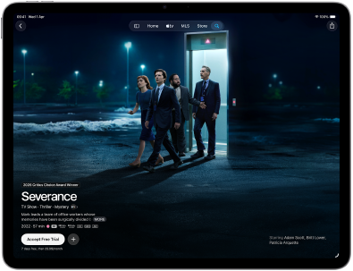 iPad Air, front exterior, screen displays Severance on Apple TV app