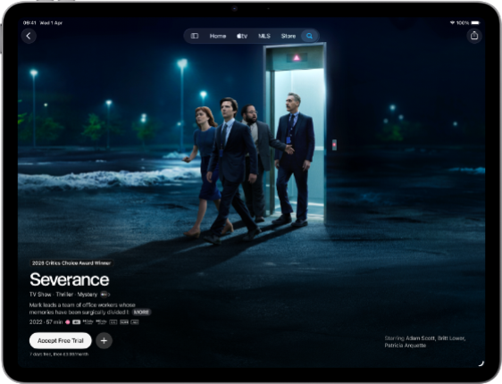 iPad Air, front exterior, screen displays Severance on Apple TV app