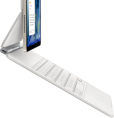 iPad Air, Starlight colour, attached to Magic Keyboard, white colour, side exterior