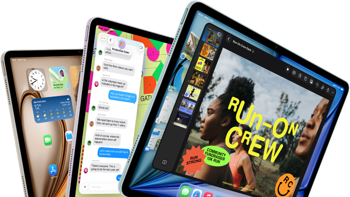 Three iPad Air displays in fan-like arrangement, colours: Blue, Purple, Starlight, front exterior, side exterior, apps on screen display include Keynote app, Messages and Home Screen