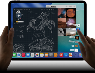 iPad Pro, space black colour, left hand holding device, right hand pointing gesturing to manipulate multiple open app windows, a drawing app with sketches of mechanical designs, photos library of planets and space images, downloads folder files fanned out