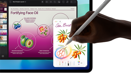 iPad Pro, front exterior display with dark blue and green gradient background with multiple apps open, hand holding Apple Pencil Pro circling a sketch showing Apple Intelligence Image Wand feature