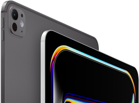 iPad Pro, back side exterior, space black colour, volume buttons and pro camera system, iPad Pro, front side exterior, silver colour, rounded corners, black display bezel, display showing black background with multicoloured abstract line art