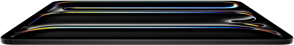 iPad Pro, front exterior, space black colour, aluminium and glass enclosure, thin profile, tilted back with display showing multicoloured line art