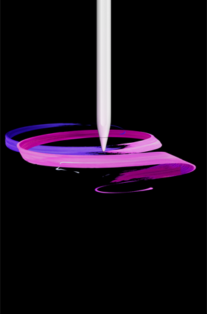 Apple Pencil Pro, front exterior, portrait orientation, side profile, white colour, drawing abstract purple and pink ribbons design