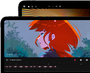 13-inch iPad Pro and 11-inch iPad Pro, front exterior, landscape orientation, space black colour, rounded corners, black display bezel, 11-inch display showing a vibrant image of a character with red hair, 13-inch display showing colourful photo editing interface elements