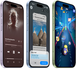 iPhone 17 devices, exterior front, exterior side, demonstrating Apple Music, Visual intelligence, gaming, buttons: Action button, volume