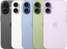 iPhone 17, exterior rear, Fusion dual-camera system, all five colours overlapping: Black, White, Sage, Mist Blue and Lavender