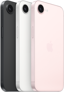 iPhone 17e, side and back exterior, black colour, side and back exterior, white colour, side and back exterior, soft pink colour, Fusion camera at top, side button