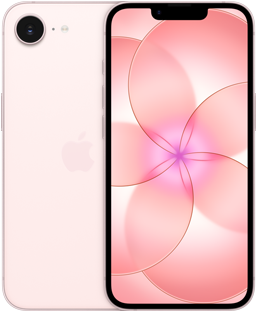Side by side, iPhone 17e, back exterior, soft pink colour, Fusion camera system at top left, iPhone 17e, front exterior, all-screen design