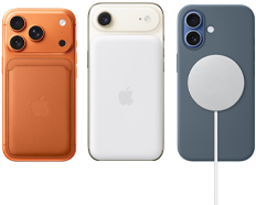 iPhone 17 Pro, back exterior, Cosmic Orange colour, with Silicone Case in Sienna colour and FineWoven Wallet with MagSafe in Fox Orange colour; iPhone Air, back exterior, Cloud White colour, with MagSafe Battery; iPhone 17, back exterior, Mist Blue colour, with Silicone Case in Anchor Blue colour and MagSafe Charger