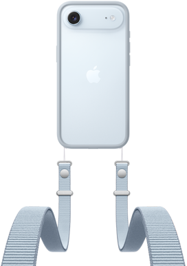iPhone Air, back exterior, Sky Blue colour, Fusion camera system near top, centred Apple logo, Crossbody Strap with Bumper in light grey colour attached