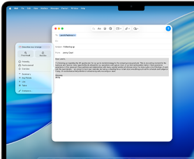 MacBook Air screen showing Apple Intelligence Writing Tools composing an email