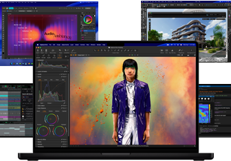 A variety of colourful screen content from music production, graphic design, 3D animation and photo editing apps on Mac, demonstrating powerful graphics performance