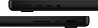 Showing the ports on MacBook Pro — left side: MagSafe 3, two Thunderbolt ports and headphone jack — right side: SDXC card slot, one Thunderbolt port and HDMI
