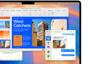 From the Messages app, a photo is inserted into a Microsoft Word report open in a 13-inch MacBook Air to demonstrate the intuitive design of Mac and its similarity to iPhone