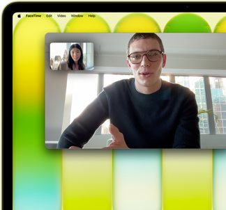 MacBook Neo, citrus colour, video call onscreen, Centre Stage feature keeps user centred in the frame