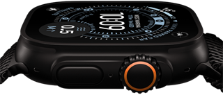 Apple Watch Ultra 3, side exterior, black titanium case, compass on Orienteering watch face, Action button and digital crown