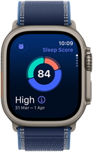 Apple Watch Ultra 3, titanium natural case, sleep score screen, breakdown in circle graph, score in centre, strap, blue Trail Loop
